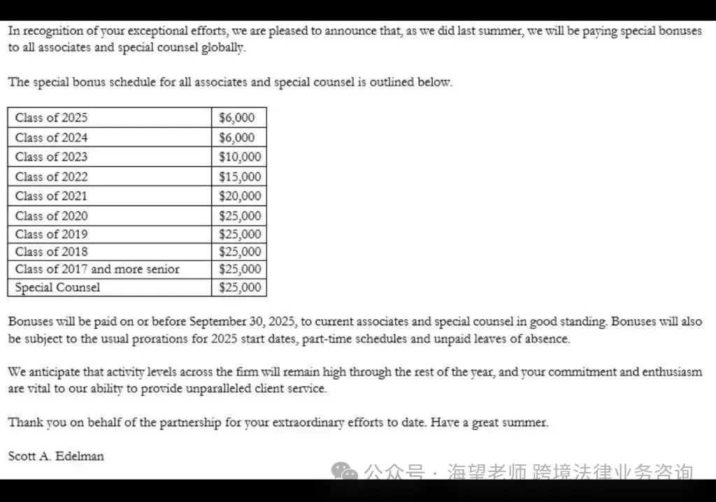 这家BigLaw率先宣布夏季奖金标准:6千至2.5万美元不等